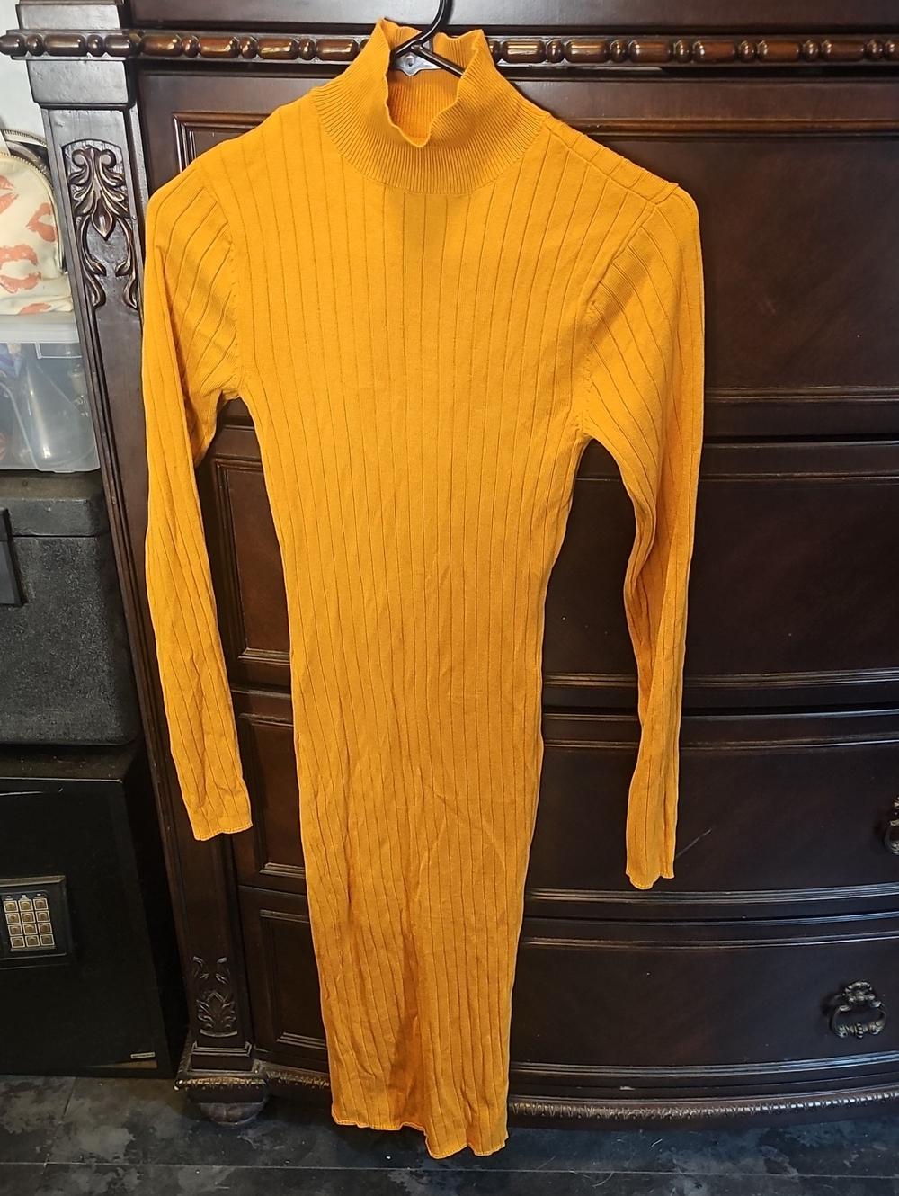 Fashion Nova Ribbed Turtleneck Midi Dress in Mustard Yellow